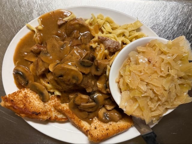 Sirloin Tips Over Kluski Noodles.