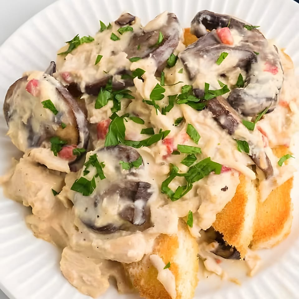 Creamy chicken and mushroom dish with bacon bits and parsley, served with toasted bread.